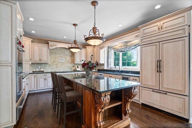 1325 Westley Ln, West Dundee, IL 60118 - kitchen with paneled built in refrigerator, open shelves, dark wood-type flooring, a center island, and recessed lighting