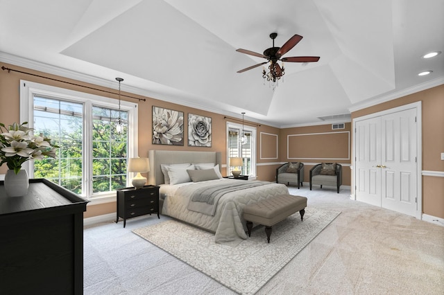 1325 Westley Ln, West Dundee, IL 60118 - carpeted bedroom featuring recessed lighting, ornamental molding, a raised ceiling, and ceiling fan