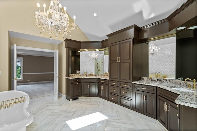 1325 Westley Ln, West Dundee, IL 60118 - full bath with a chandelier, a stall shower, a freestanding tub, vanity, and lofted ceiling