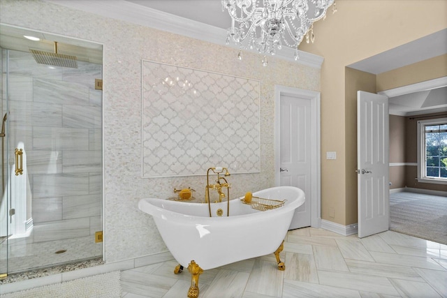 1325 Westley Ln, West Dundee, IL 60118 - full bathroom with a shower stall, a freestanding bath, a chandelier, and ornamental molding