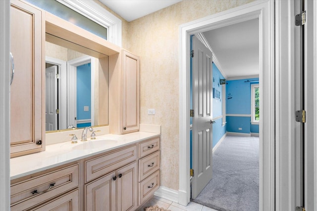 1325 Westley Ln, West Dundee, IL 60118 - bathroom with vanity, ornamental molding, and wallpapered walls