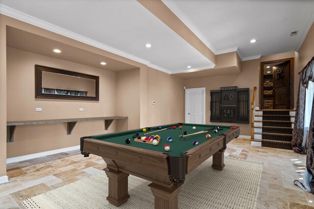 1325 Westley Ln, West Dundee, IL 60118 - rec room featuring stone tile floors, crown molding, billiards, and recessed lighting