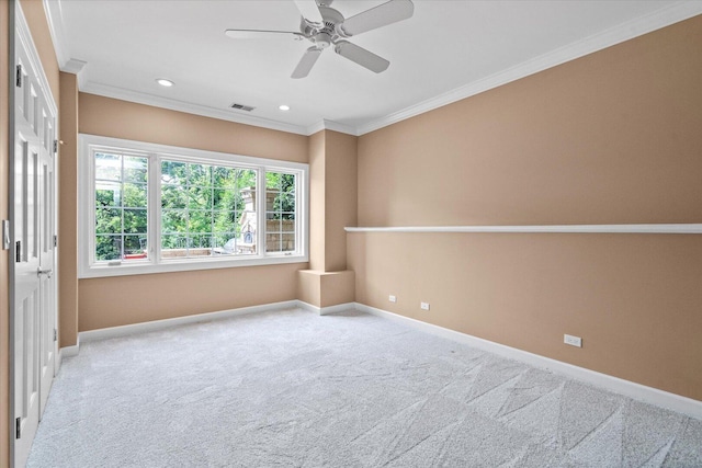 1325 Westley Ln, West Dundee, IL 60118 - spare room with ornamental molding, carpet flooring, ceiling fan, and recessed lighting