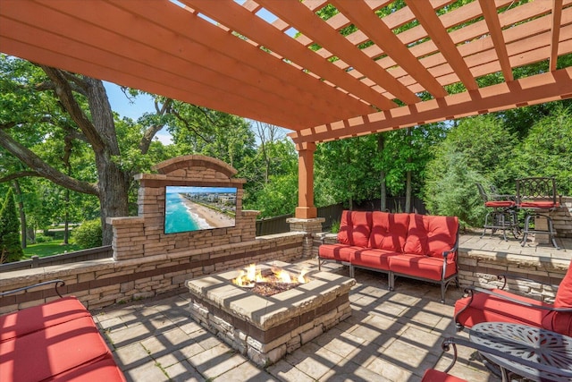 1325 Westley Ln, West Dundee, IL 60118 - view of patio with a pergola, an outdoor living space with a fire pit, and view of scattered trees