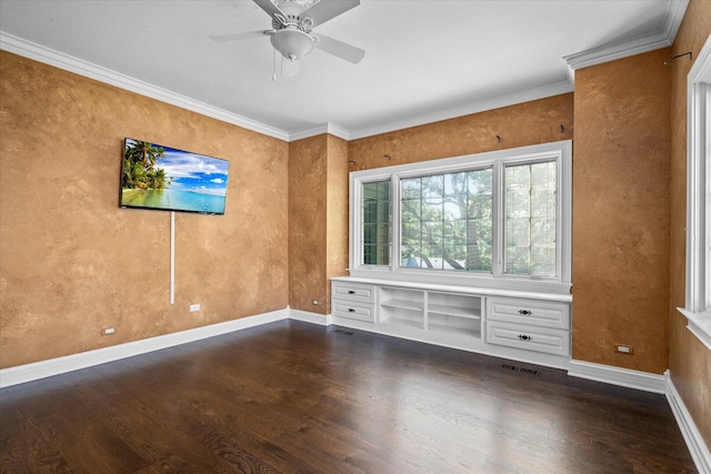 1325 Westley Ln, West Dundee, IL 60118 - empty room featuring dark wood-style floors, a ceiling fan, and ornamental molding