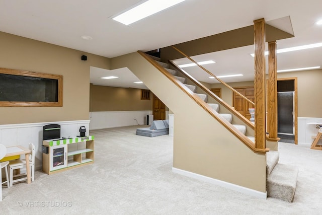 1532 Sequoia Rd, Naperville, IL 60540 - finished basement with carpet flooring, stairway, a wainscoted wall, and recessed lighting