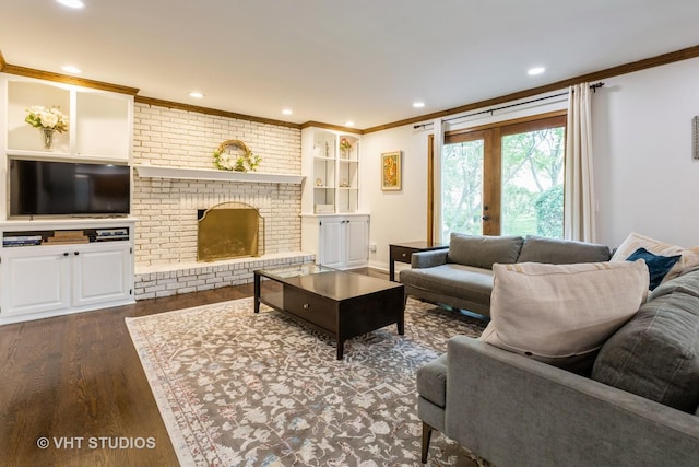1532 Sequoia Rd, Naperville, IL 60540 - living room featuring dark wood-style floors, ornamental molding, a fireplace, recessed lighting, and french doors