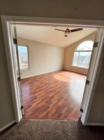 1214 Vista Dr, Gurnee, IL 60031 - empty room with vaulted ceiling, healthy amount of natural light, a ceiling fan, and wood finished floors