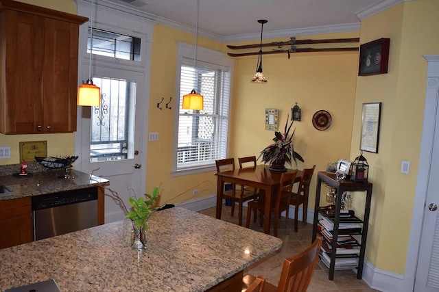 4623 N Beacon St Unit 3N, Chicago, IL 60640 - kitchen with stainless steel dishwasher, ornamental molding, light stone counters, decorative light fixtures, and brown cabinets