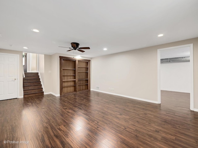 2S578 Patrick Henry Sq Unit 578, Oak Brook, IL 60523 - unfurnished living room featuring stairs, recessed lighting, ceiling fan, and dark wood-type flooring