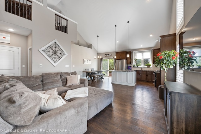565 Sudbury Cir Unit 0, Oswego, IL 60543 - living room featuring high vaulted ceiling, dark wood-style flooring, and recessed lighting