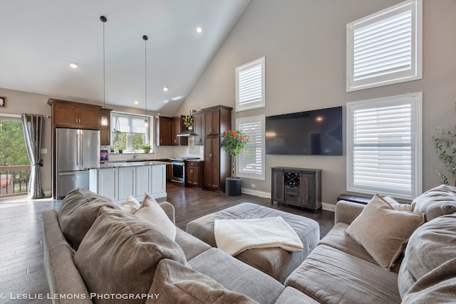 565 Sudbury Cir Unit 0, Oswego, IL 60543 - living area featuring high vaulted ceiling, dark wood-type flooring, plenty of natural light, and recessed lighting