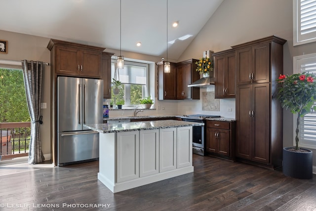 565 Sudbury Cir Unit 0, Oswego, IL 60543 - kitchen featuring appliances with stainless steel finishes, light stone countertops, extractor fan, dark wood-style floors, and vaulted ceiling