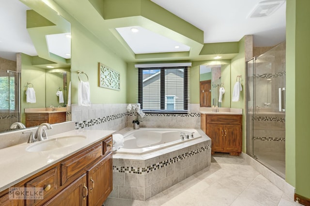 3624 Eliot Ln, Naperville, IL 60564 - full bathroom featuring two vanities, a shower stall, a garden tub, and plenty of natural light