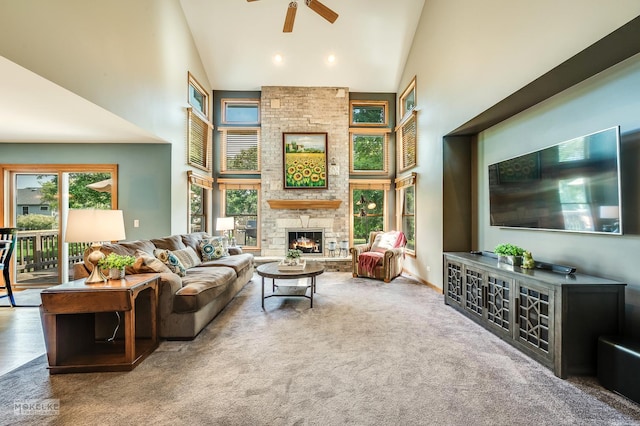 3624 Eliot Ln, Naperville, IL 60564 - living room featuring high vaulted ceiling, ceiling fan, carpet flooring, and a fireplace