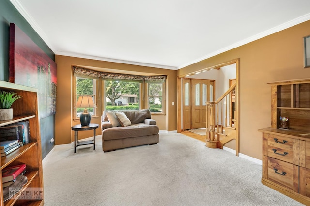 3624 Eliot Ln, Naperville, IL 60564 - carpeted living room with ornamental molding and stairway