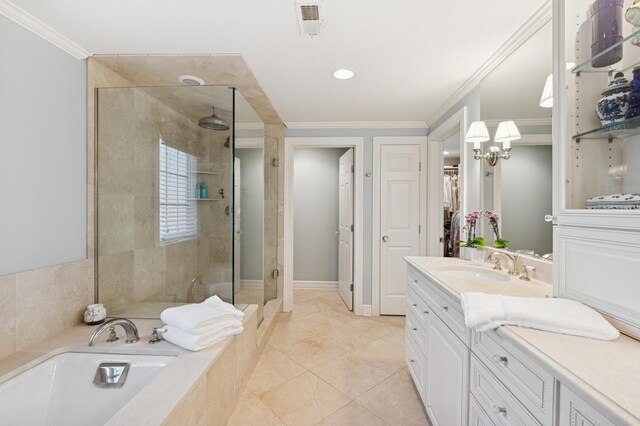611 Oak Knoll Dr, Lake Forest, IL 60045 - bathroom featuring vanity, a stall shower, ornamental molding, a garden tub, and tile patterned flooring