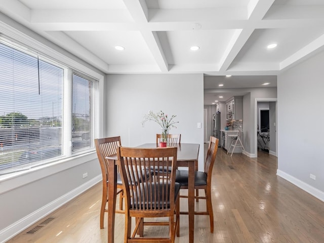 9712 W Shore Dr, Oak Lawn, IL 60453 - dining area with coffered ceiling, recessed lighting, light wood-style floors, and beam ceiling