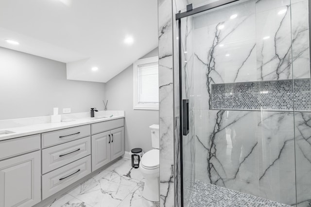 9712 W Shore Dr, Oak Lawn, IL 60453 - bathroom featuring marble tiled floors, a marble finish shower, double vanity, vaulted ceiling, and recessed lighting