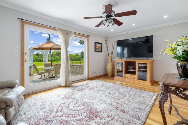 11 E Appletree Ln, Arlington Heights, IL 60004 - living area with ornamental molding, wood finished floors, a ceiling fan, and recessed lighting
