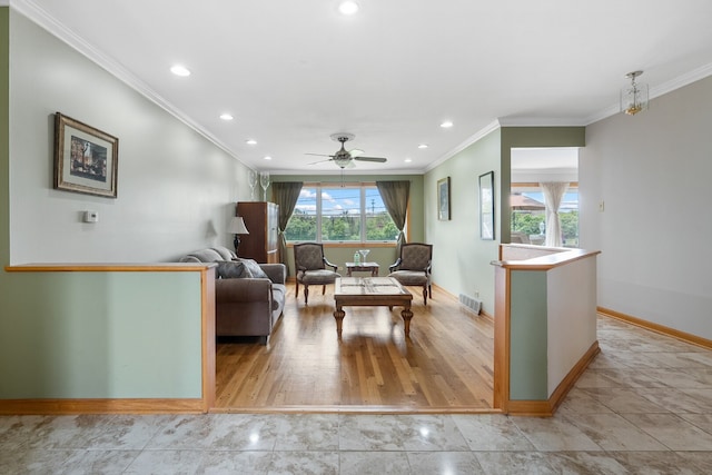 11 E Appletree Ln, Arlington Heights, IL 60004 - living area with ornamental molding, recessed lighting, and a ceiling fan