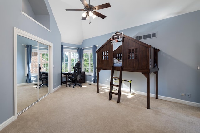 1091 Johnson Dr, Naperville, IL 60540 - carpeted bedroom featuring an office area and high vaulted ceiling