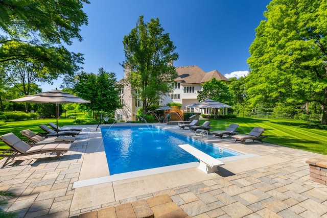 1091 Johnson Dr, Naperville, IL 60540 - outdoor pool with a patio area, a lawn, a diving board, and a gazebo