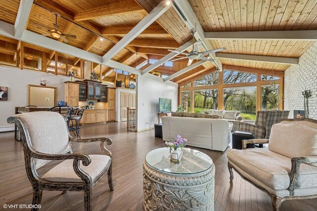 184A River Rd, Lake Barrington, IL 60010 - living room featuring ceiling fan, wooden ceiling, and hardwood / wood-style flooring