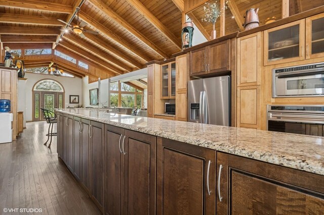 184A River Rd, Lake Barrington, IL 60010 - kitchen featuring stainless steel appliances, dark wood finished floors, light stone counters, wood ceiling, and a ceiling fan