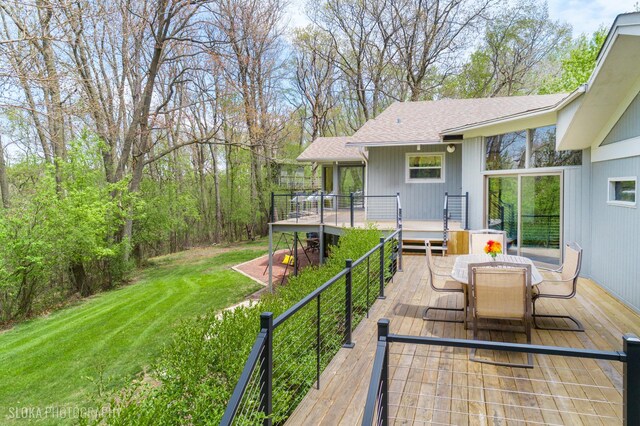 184A River Rd, Lake Barrington, IL 60010 - view of green lawn with outdoor dining area and a deck