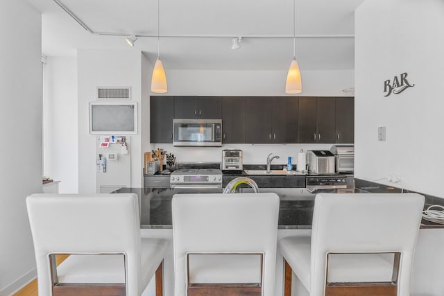 8 E Randolph St Unit 1401, Chicago, IL 60601 - kitchen with appliances with stainless steel finishes, dark countertops, rail lighting, and a breakfast bar