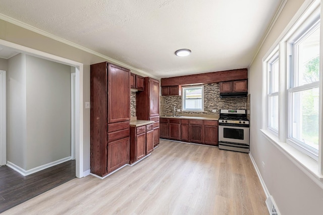 14415 Avalon Ave, Dolton, IL 60419 - kitchen with gas range, light wood-style flooring, backsplash, light countertops, and under cabinet range hood