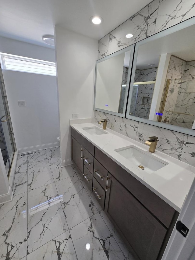 8620 S Normal Ave, Chicago, IL 60620 - full bath featuring double vanity, a marble finish shower, marble finish flooring, and backsplash