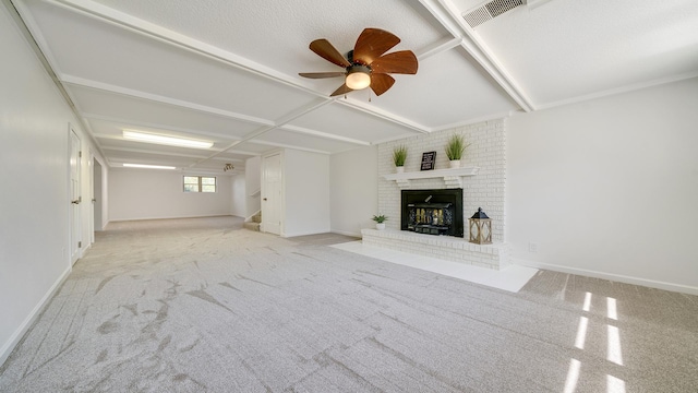 1320 Lake Summerset Rd, Davis, IL 61019 - unfurnished living room with carpet floors, ceiling fan, and a brick fireplace