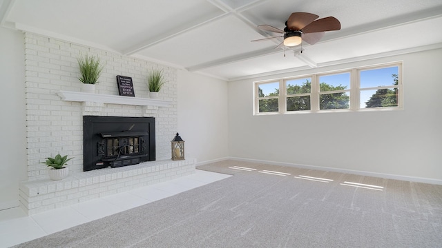 1320 Lake Summerset Rd, Davis, IL 61019 - unfurnished living room featuring carpet flooring, beamed ceiling, a brick fireplace, and ceiling fan
