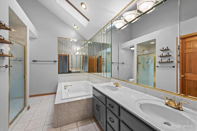 514 Doral Ln, North Aurora, IL 60542 - bathroom with a skylight, a stall shower, tile patterned flooring, a bath, and double vanity