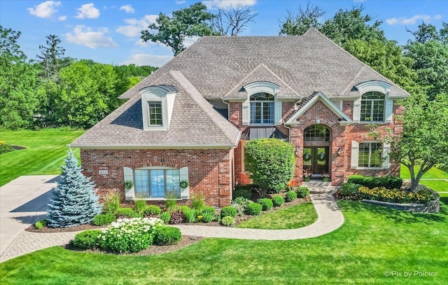 675 Oak Ln, South Elgin, IL 60177 - french country style house featuring a front lawn, french doors, a shingled roof, and brick siding