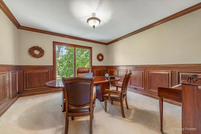 675 Oak Ln, South Elgin, IL 60177 - dining area featuring light colored carpet, a wainscoted wall, and crown molding