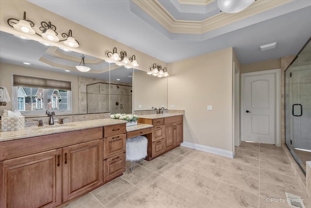 675 Oak Ln, South Elgin, IL 60177 - bathroom with a tray ceiling, crown molding, a shower stall, vanity, and tile patterned flooring