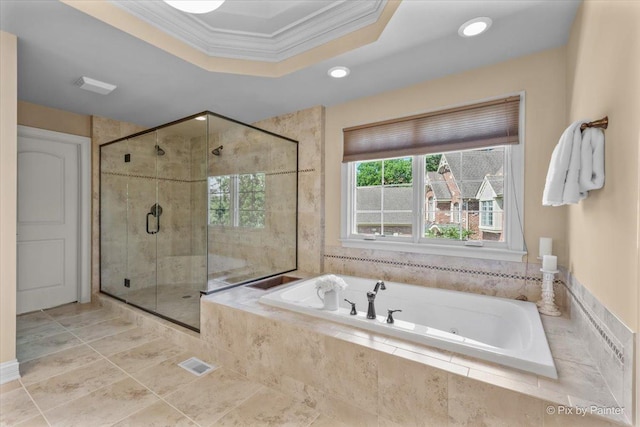 675 Oak Ln, South Elgin, IL 60177 - full bath with crown molding, a jetted tub, a stall shower, recessed lighting, and a raised ceiling