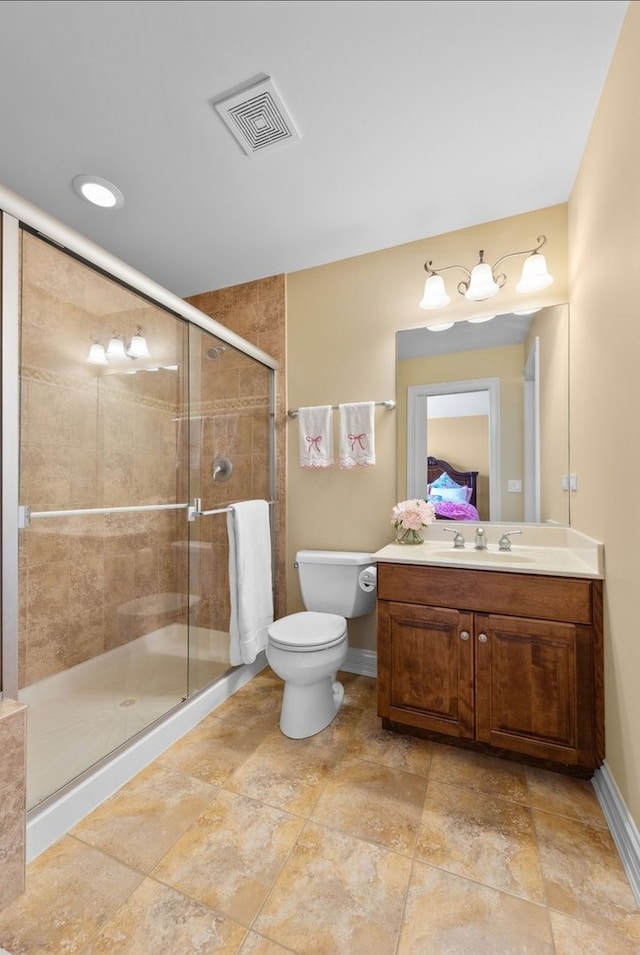 675 Oak Ln, South Elgin, IL 60177 - bathroom with vanity, a stall shower, and stone finish floors