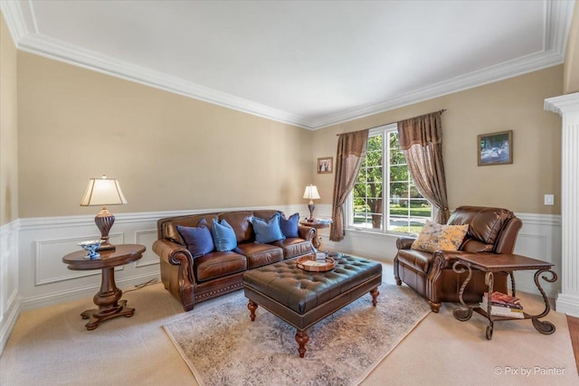 675 Oak Ln, South Elgin, IL 60177 - living area with carpet floors, crown molding, a wainscoted wall, and a decorative wall