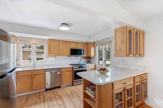 602 E Park Ave, Elmhurst, IL 60126 - kitchen featuring appliances with stainless steel finishes, glass insert cabinets, light countertops, decorative backsplash, and light wood-style flooring