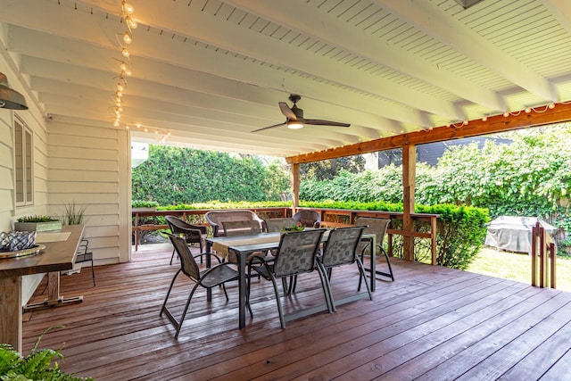 2120 Wilmette Ave, Wilmette, IL 60091 - deck with outdoor dining area, a ceiling fan, and a grill