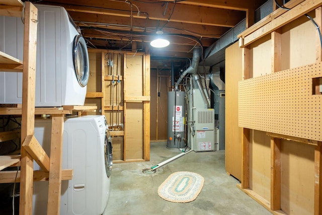 212 Rebecca Ln, Normal, IL 61761 - unfinished below grade area with gas water heater, heating unit, and stacked washing machine and dryer