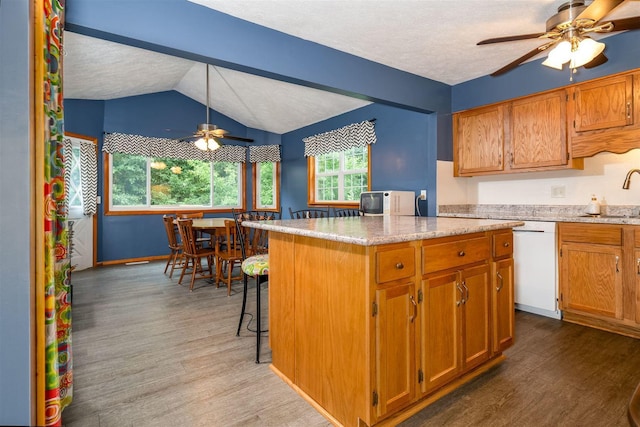 212 Rebecca Ln, Normal, IL 61761 - kitchen with ceiling fan, dishwasher, wood finished floors, lofted ceiling, and a textured ceiling