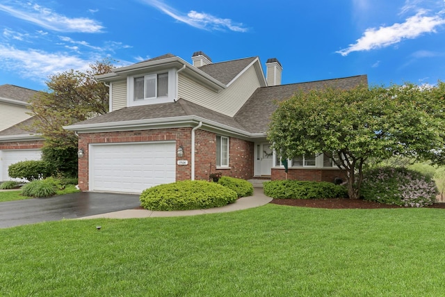 17526 W Windhaven Ct, Grayslake, IL 60030 - traditional home featuring brick siding, asphalt driveway, a front lawn, a shingled roof, and a chimney