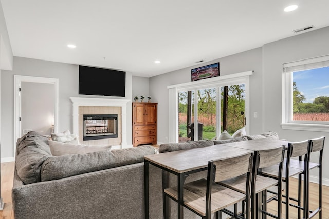 17526 W Windhaven Ct, Grayslake, IL 60030 - living area featuring light wood-style flooring, a tile fireplace, and recessed lighting