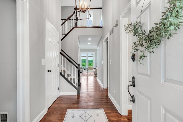 17526 W Windhaven Ct, Grayslake, IL 60030 - entryway featuring dark wood-type flooring, stairway, and a chandelier