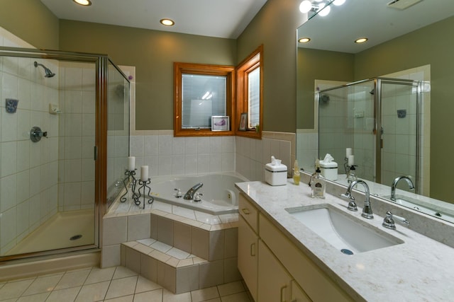 305 Orchard Ln, Beecher, IL 60401 - bathroom featuring a jetted tub, vanity, tile patterned floors, a stall shower, and recessed lighting